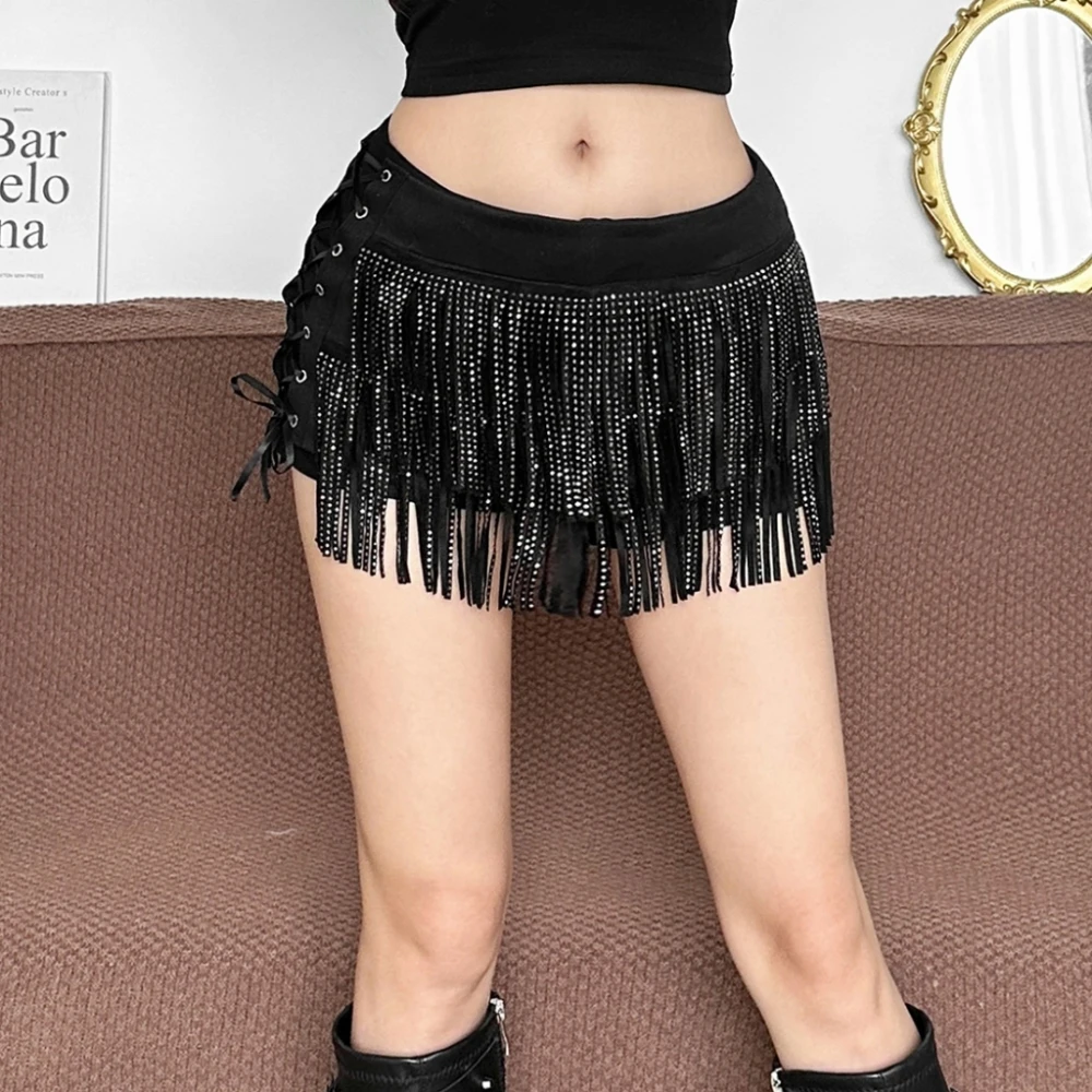 

SylCue Tassel Decoration Mini Dress Woman Cross Bandage Design Elastic Waist Hot Girls High Street Fashion Style Classic Bottoms