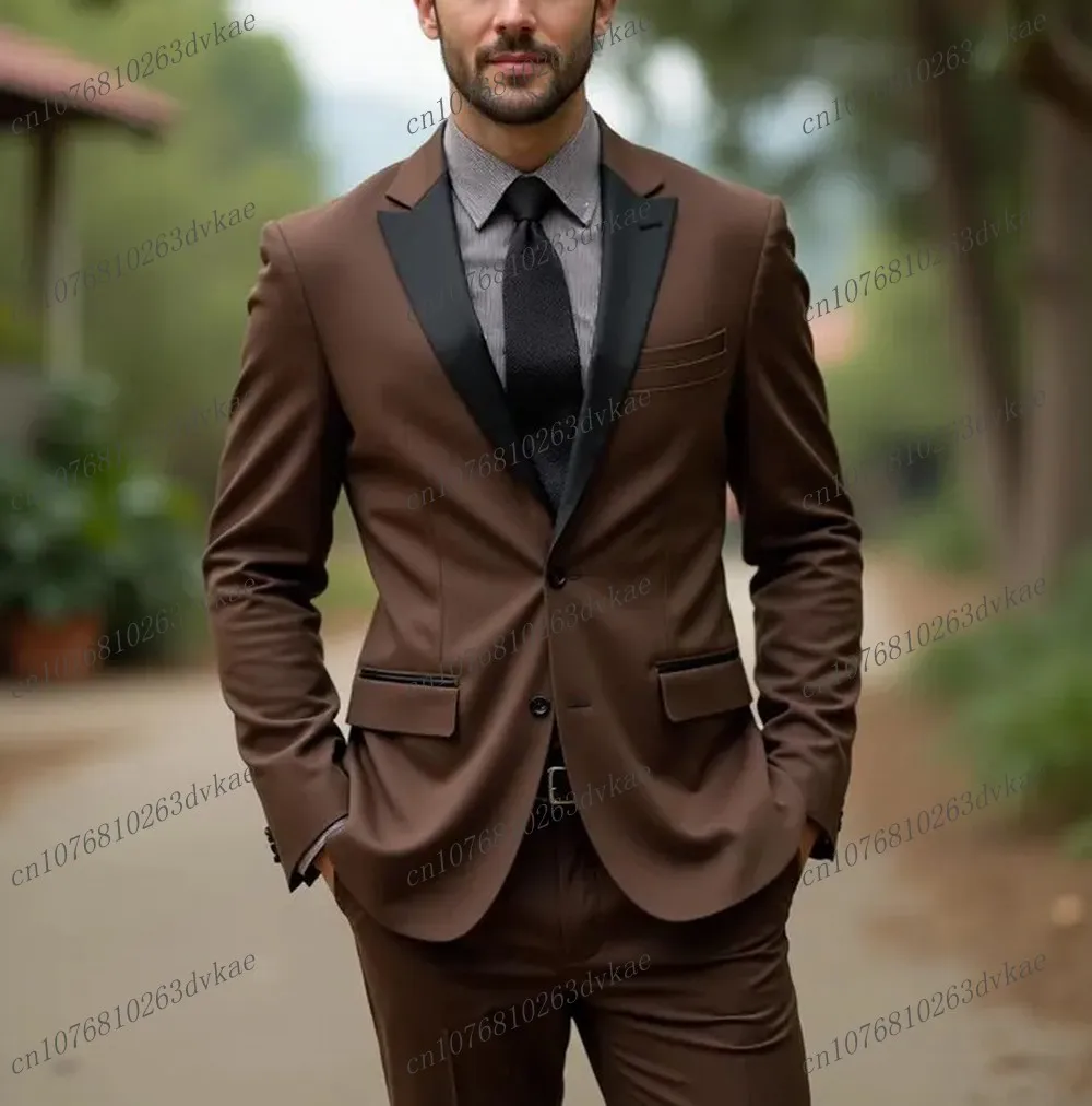 

Black Collar Brown Men Suit Groom Groomsman Wedding Party Prom Formal Occasion Business Male Tuxedos 2 Piece Set Blazer Pants