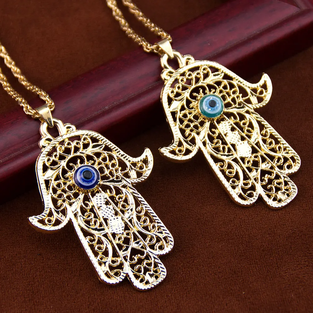 Sunspicems Vintage Middle East Türkiye Devil Eye Pendant Necklace for Women Fatima Palm Necklace Gold Color Traditional Jewelry