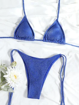 Triangolo costumi da bagno Bikini lucidi Halter costume da bagno donna tinta unita Bikini Set Micro perizoma due pezzi Beachwear nuovi costumi da bagno