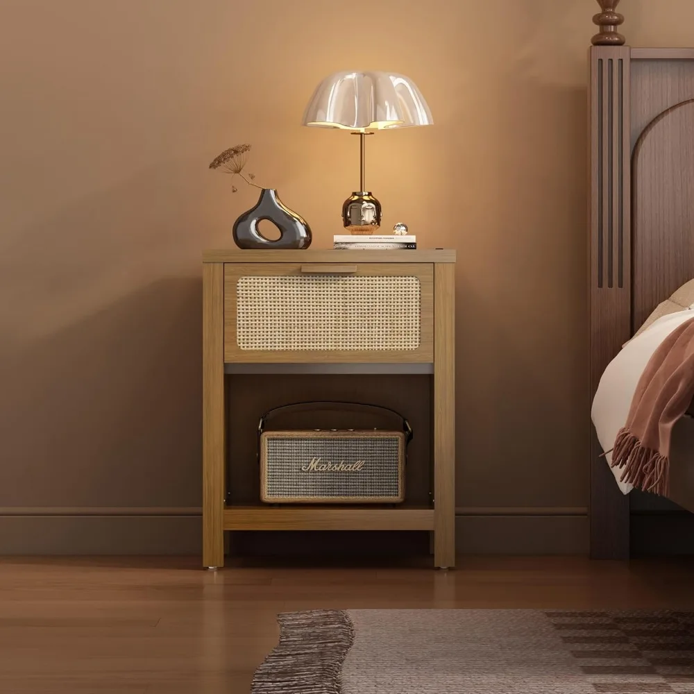 منضدة الروطان الحديثة لمنتصف القرن مع درج وتخزين، طاولة بجانب السرير خشبية كبيرة على طراز بوهو #5