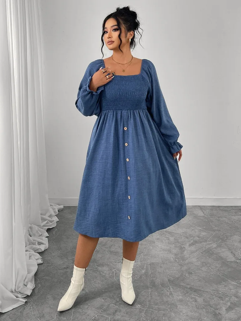 

KEXU Autumn Winter New High Waist Plus Size Dress Pleated Square Collar Button Up Long Sleeve Women Dress