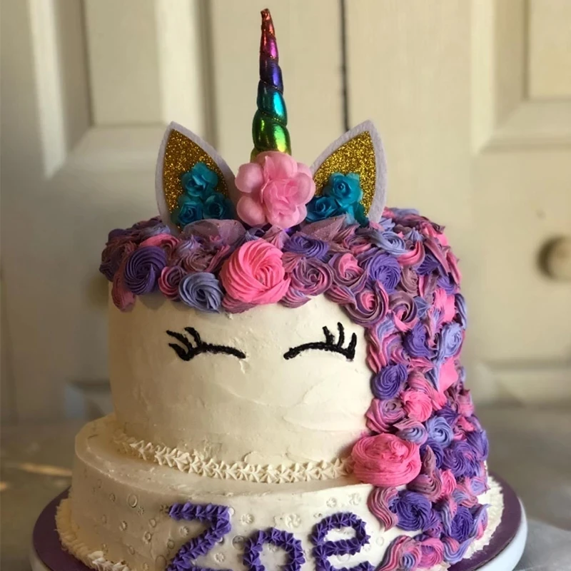 Adorno para tarta de unicornio, cuerno de arcoíris, herramientas de decoración para tarta de fiesta de cumpleaños para niños y niñas, suministros para fiesta temática de unicornio para boda y Baby Shower