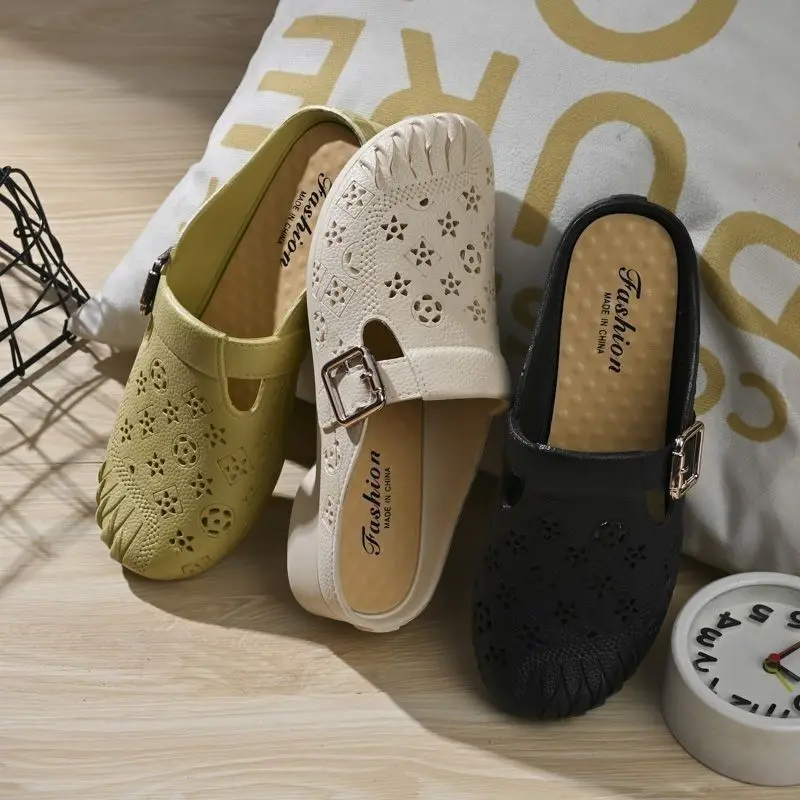 New Flat Heel Anti-Slip Middle-Aged Mom Slippers Leather Look-through Clog Shoes Women's Indoor Outdoor Slip-On Shoes