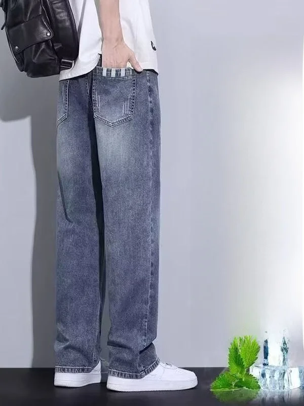 미국 하이 스트리트 남성 캐주얼 청바지 여름 얇은 워싱 라이트 블루 신축성 있는 허리 루즈 스트레이트 팬츠