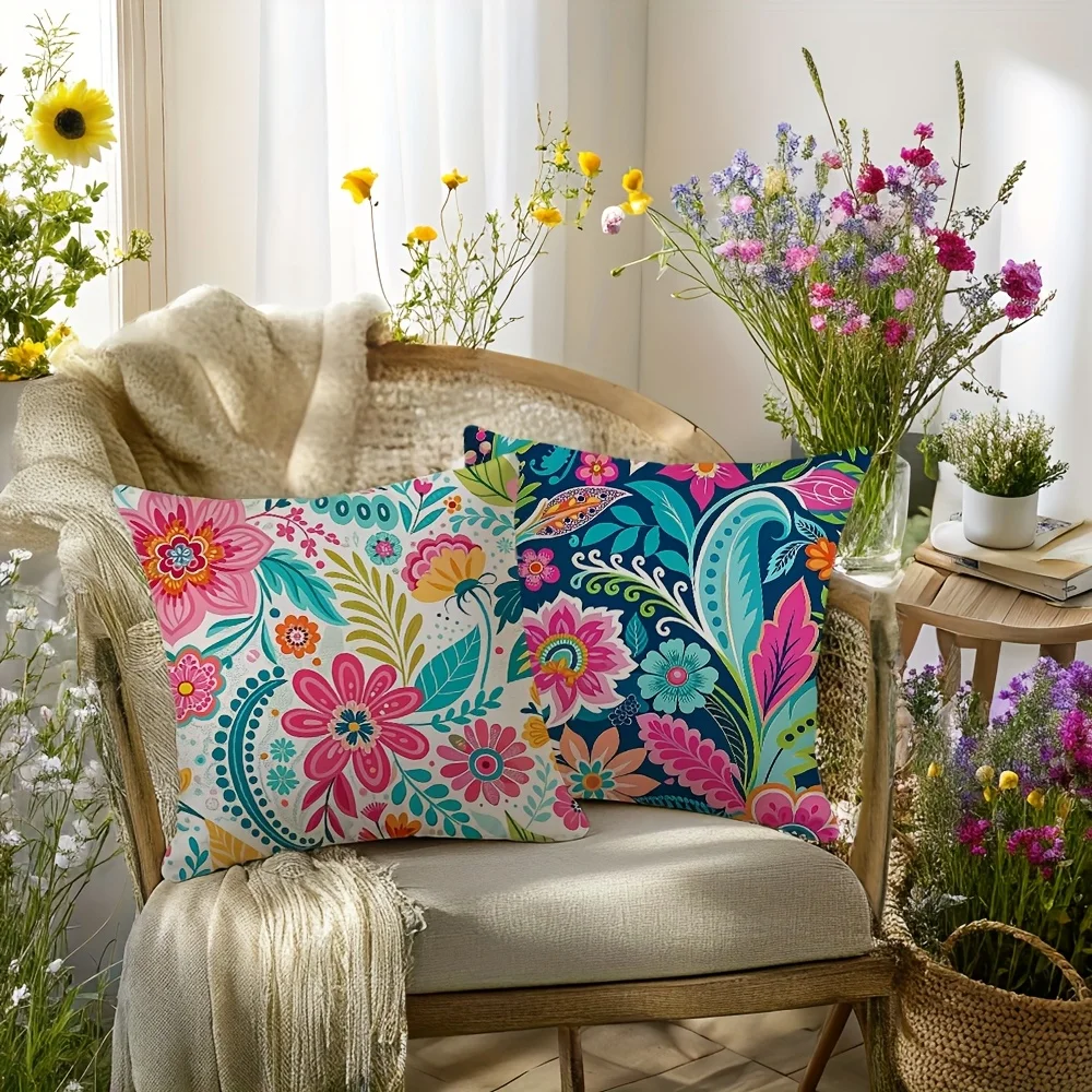 Juego de 4 fundas de almohada bohemias con hojas tropicales y hojas verdes - Estampado floral vibrante, con cremallera, lavables