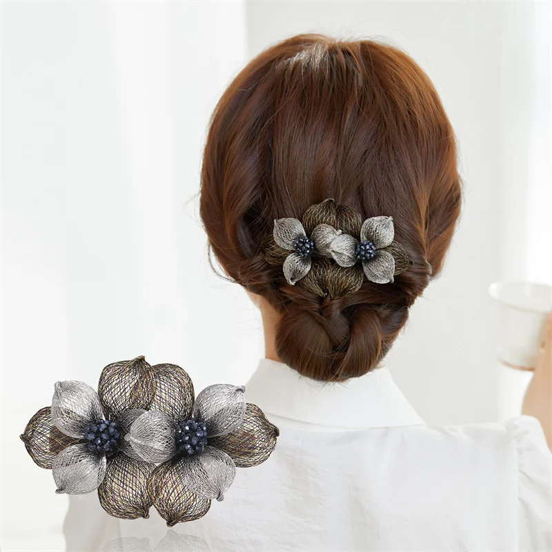 CHIMERA Copper Wire Biflora Hair Barrettes Elegant Temperament Beaded Hair Clip for Women Ponytail Headdress Spring Clip