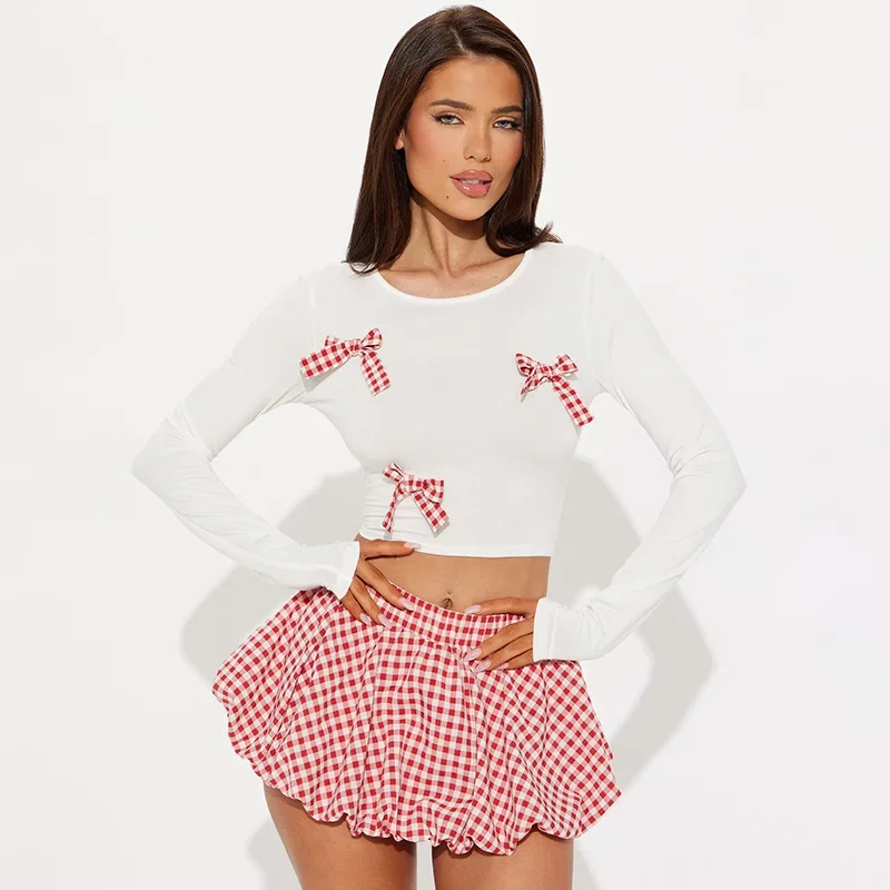 

Fashion Checkered Two Piece Set for Women Christmas Party Outfits Long Sleeve Bow Decoration Crop Top Bud Short Skirt