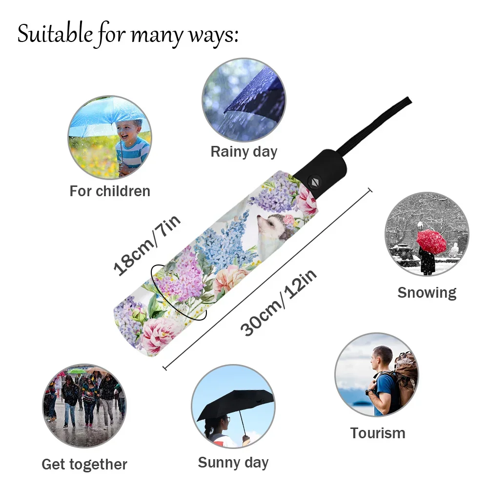 Hedgehog Flower Automatic Umbrella Men Women Rain Windproof Outdoor Travel Sun Three Folding Umbrellas 8 Ribs Gift Parasol