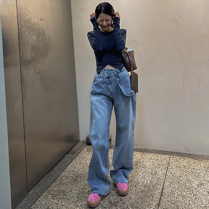 Women Denim Jeans Solid Pants Pocket Zipper Fly Loose High Waist Diagonal Placket Barrel Pants Slight Stretch Casual 2025 Spring