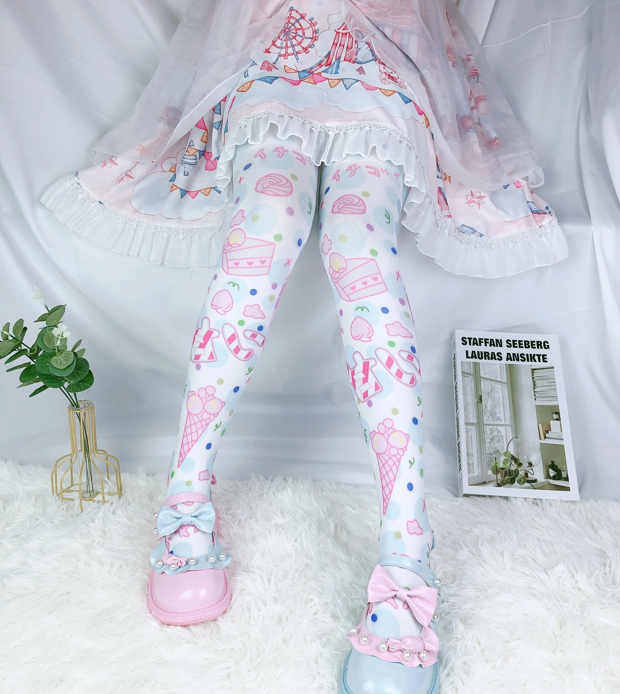 Japanese Princess Lolita Sweet Cartoon Print Socks Cute Loli Velvet Pantyhose Summer Thin High Knee Socks Sweetheart Girl