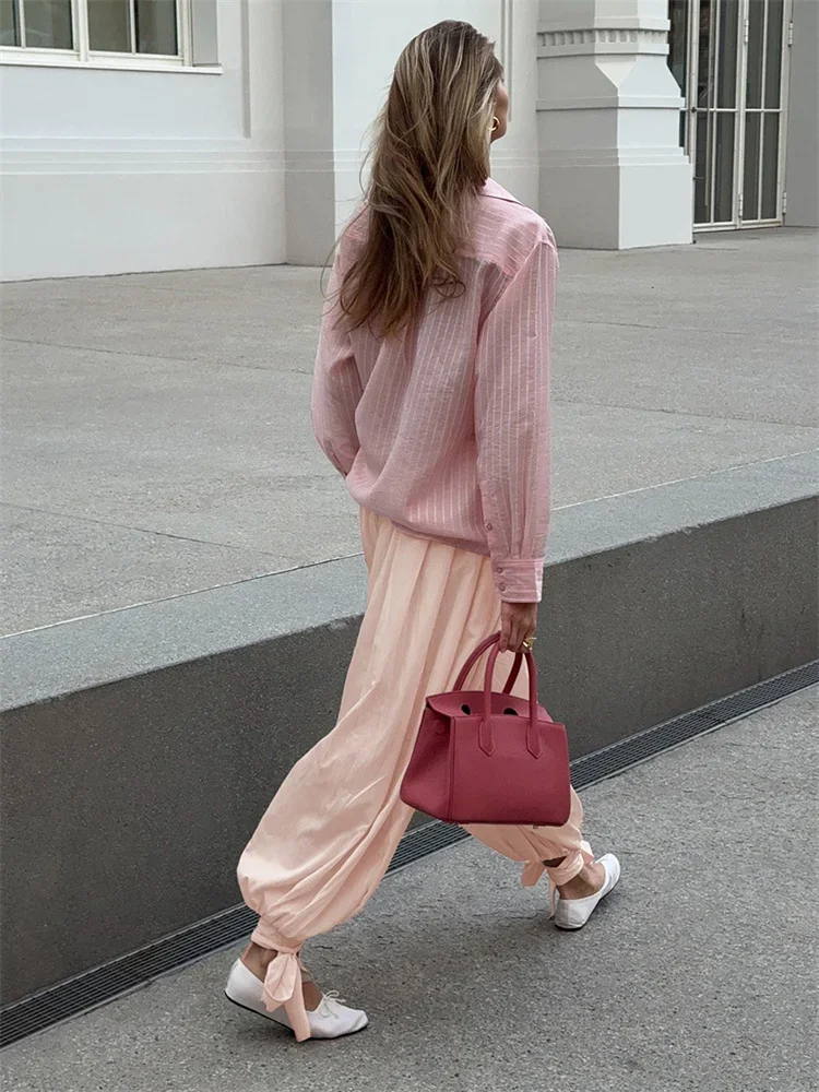 Casual Lace-Up Wide Leg Trousers For Women See-Through Loose High Waist Solid Autumn Flared Trousers Women's Pants 2025