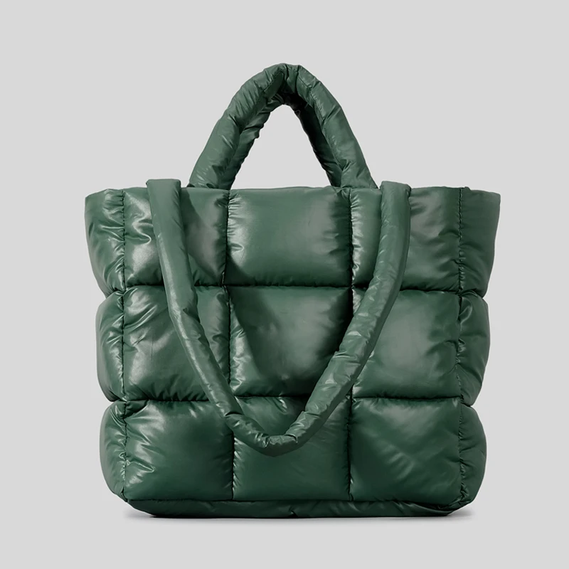 

Women Fashion Plaid Padded Tote Bag Designer Soft Puffy Handbags Luxury Nylon Down Cotton Shoulder Bags Warm Winter Female Purse