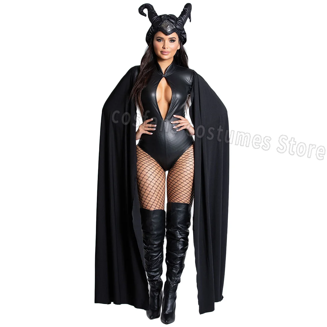 Hexe Maleficent Dornröschen Cosplay Kostüm Erwachsene Frauen Kostüme Halloween Böse Schwarzes Kleid Horn Hut Outfit Hut Helm Kapuze