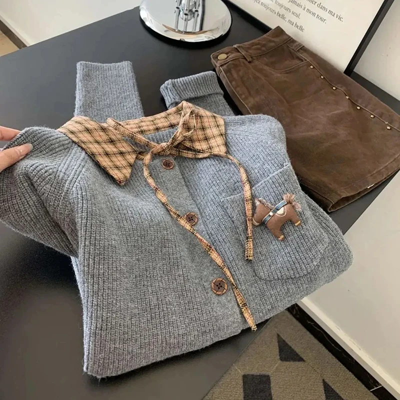Women Plaid Collar Cardigan Ribbon Tie Knit Sweater Puppy Embroidery Long Sleeve Preppy Cottagecore Winter Top