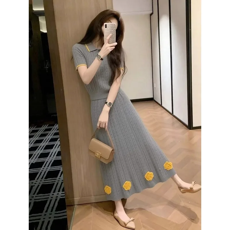 

Women's Floral Knit Two Piece Set Polo Neck Top and Midi Skirt