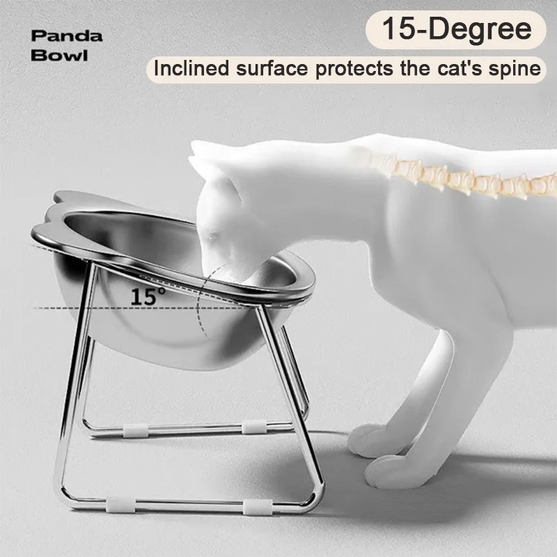 Bol surélevé pour chat en acier inoxydable 304 |   15 °   Conception inclinée pour le soin du cou, bol d'alimentation sain et résistant aux chocs pour chiots et chats