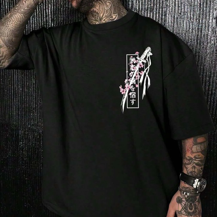 Men's New Summer T-shirt with Purple Flower Samurai Sword Pattern Suitable for Daily Wear 100% Pure Cotton Material Versatile