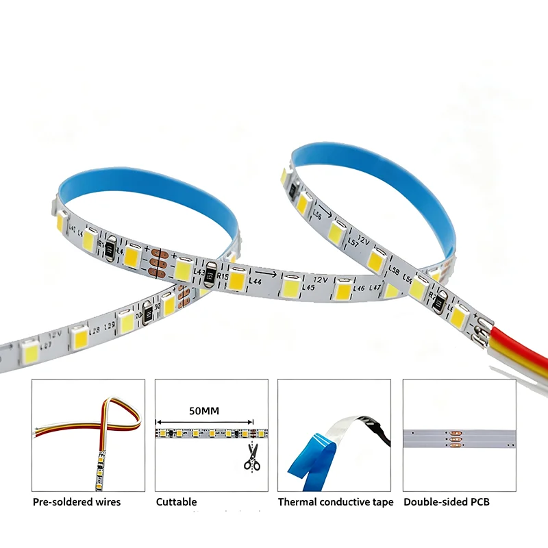 DC12V 24V CCT LED Strip SMD 2835 120/180/192/240LEDs Dimmable Temperature Adjustable Flexible LED Tape Ribbon 2700K-6500K 5m