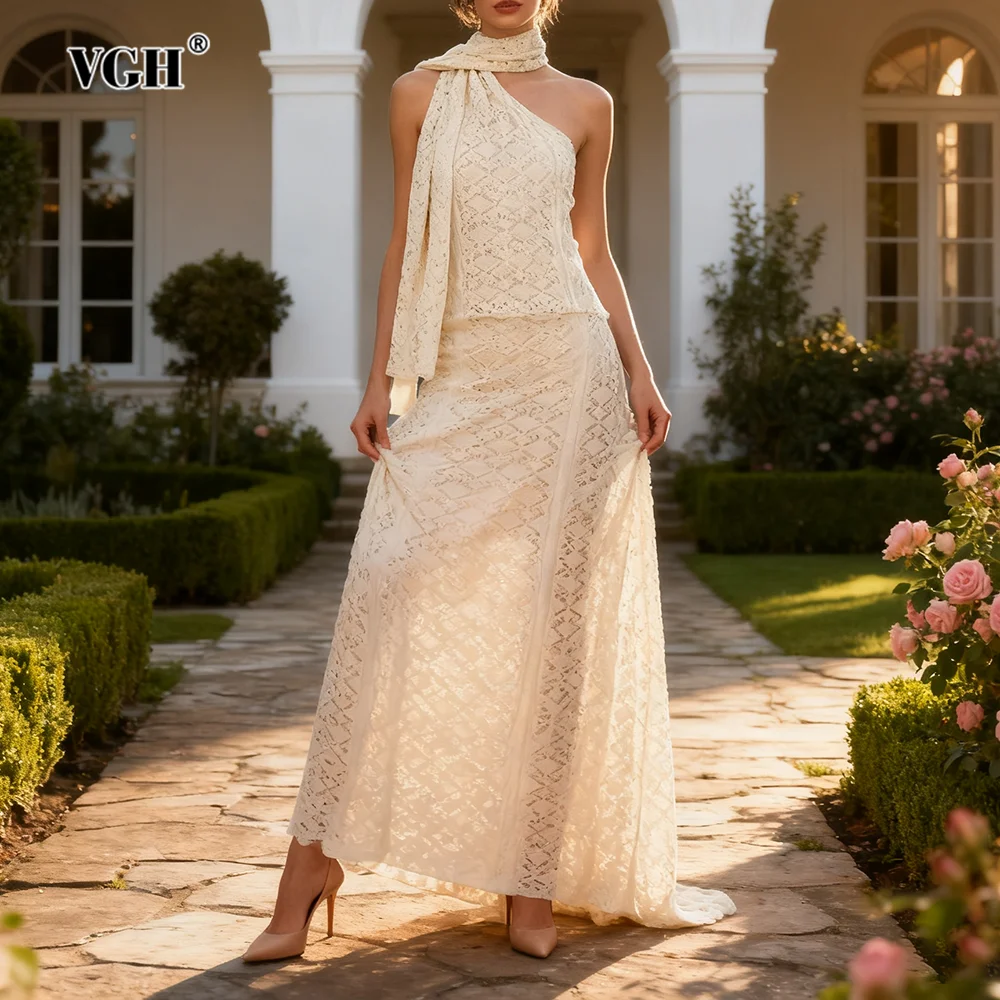 

VGH Beach Style Solid Casual Long Dresses For Women Round Neck Sleeveless High Waist Elegant Hollow Out Long Dress Female New