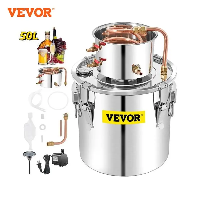 VEVOR 50L Moonshine Still Alcohol Distiller w/ Water Pump Stainless Copper DIY Home Brew Ethanol Wine Essential Oil Brewing Kit