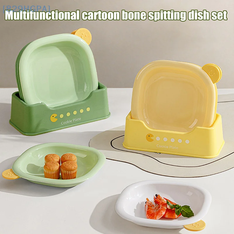 

4-pack Square Cartoon Plastic Snack Tray, Bone Spit Dish Fruit Plate Dried Fruit Dish With Base Seasoning Dish, Reusable