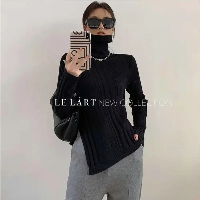 

Y2K Women's Turtleneck Sweater 2024 Trend Spring Korean Fashion Knit Sweaters Pullover Tops Side Slit Slim Long Sleeve Basic Top