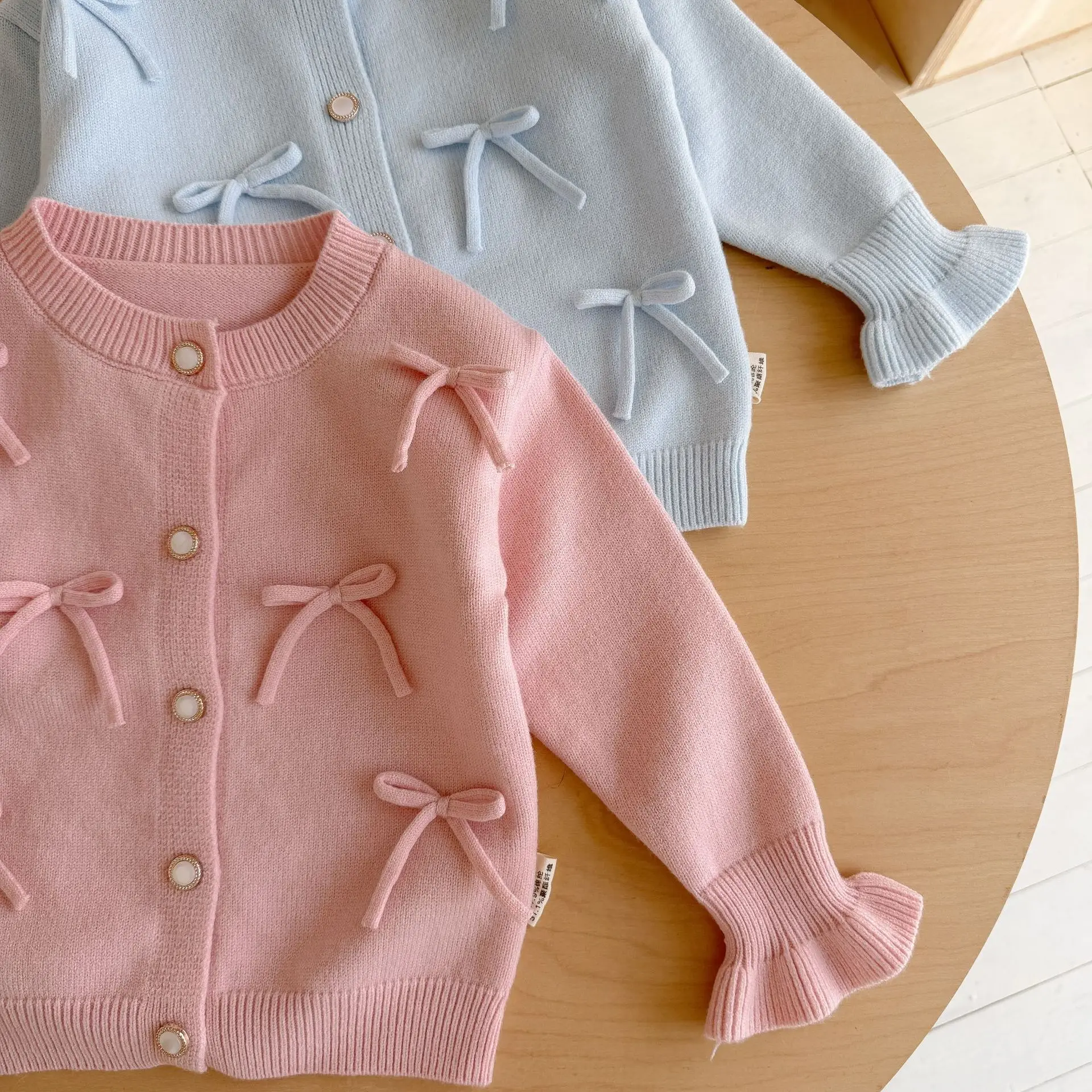 Girls Bowknot Knit Cardigan Sweet Ruffle Cuff School Girl Sweater Coat Baby Girl Single-breasted Button Soft Outerwear JY09222
