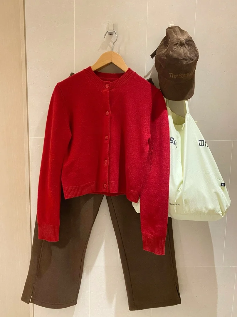 

KOGIRL00 Women's Slim Fit Woolen Sweater Cardigan Korean Sle oulder Length Casual Pure Color Long Sve round Ne Top