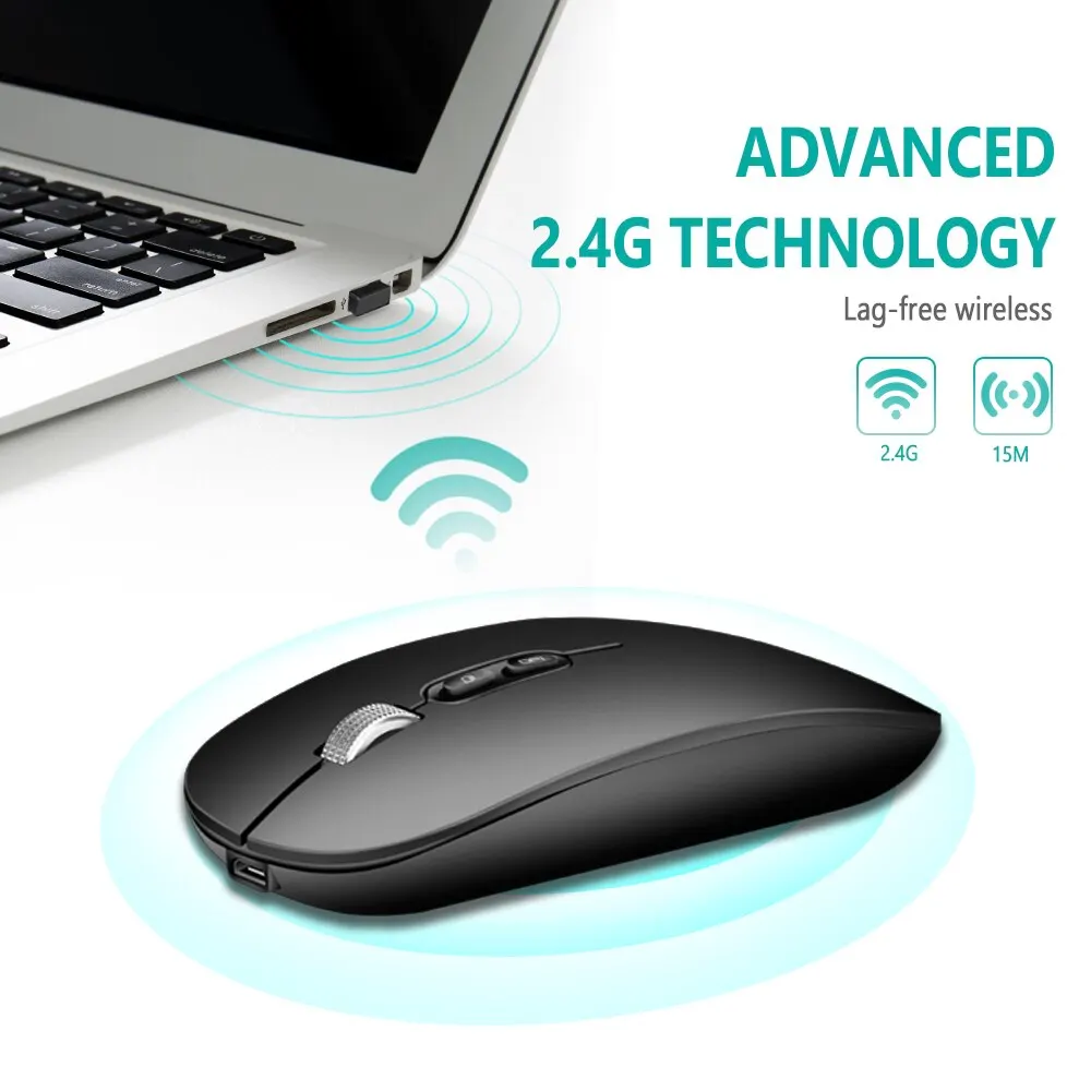 Wireless Mouse 2.4GHz Slim Rechargeable Silent Click Ergonomic 3 DPI Adjustable with Type C Adapter for Laptop PC Macbook