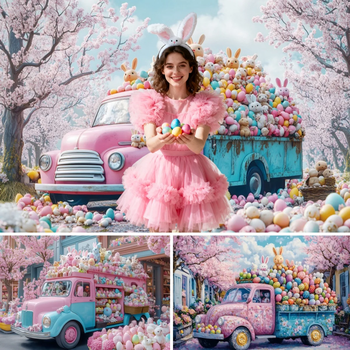 

Happy Easter Photography Backdrop Spring Pink Cherry Blossom Truck Colorful Eggs Rabbits Princess Girl Portrait Photo Background