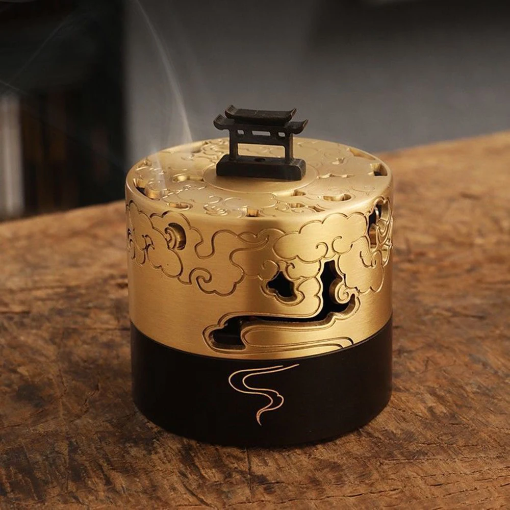 Brass Aroma Censer with Auspicious Clouds, Antique Style Sandalwood Incense Burner for Indoor, Chinese Tea Ceremony Home Decor