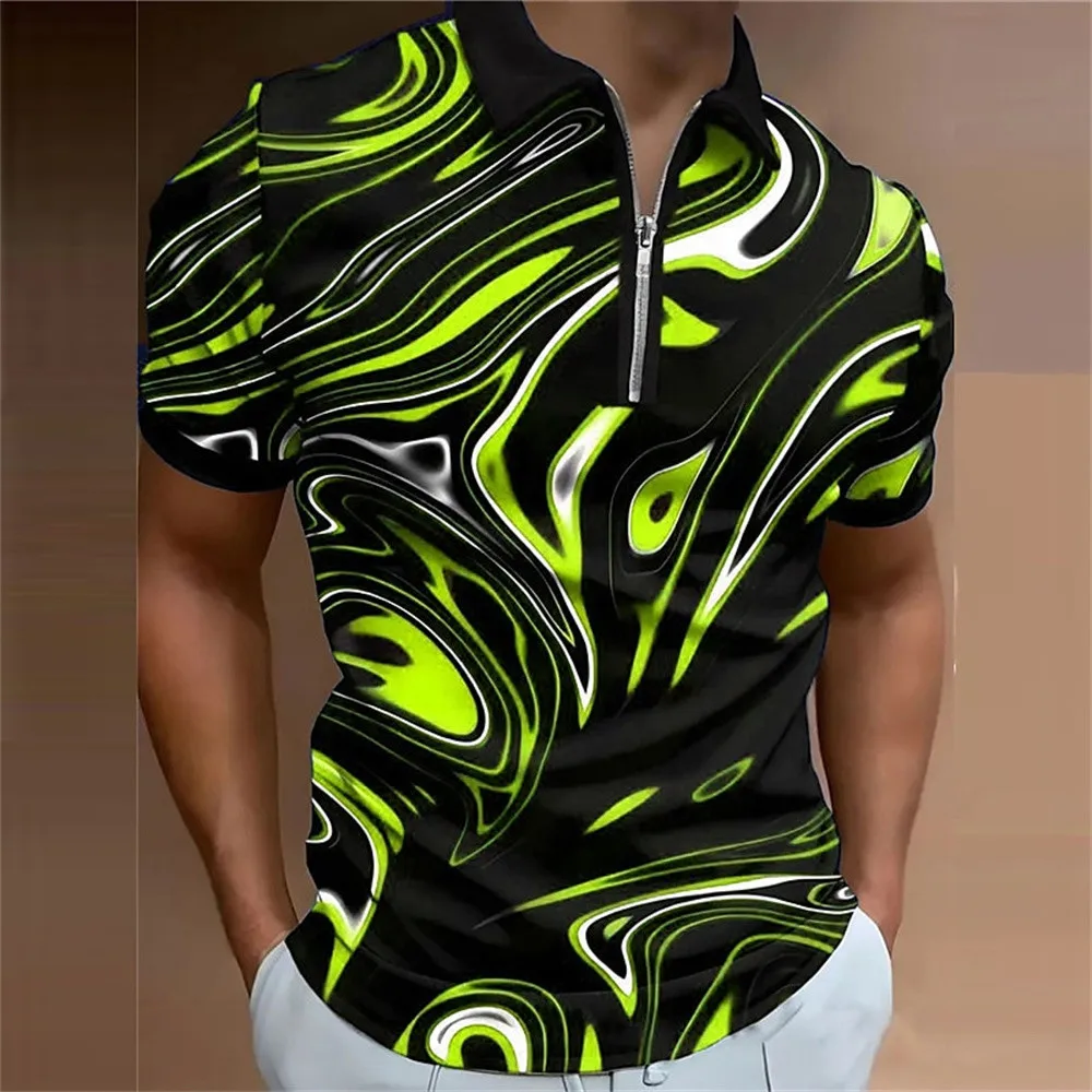 Polo con cremallera y estampado 3D abstracto de ilusión óptica para hombre, ropa de calle de uso diario al aire libre, camisas de poliéster de manga