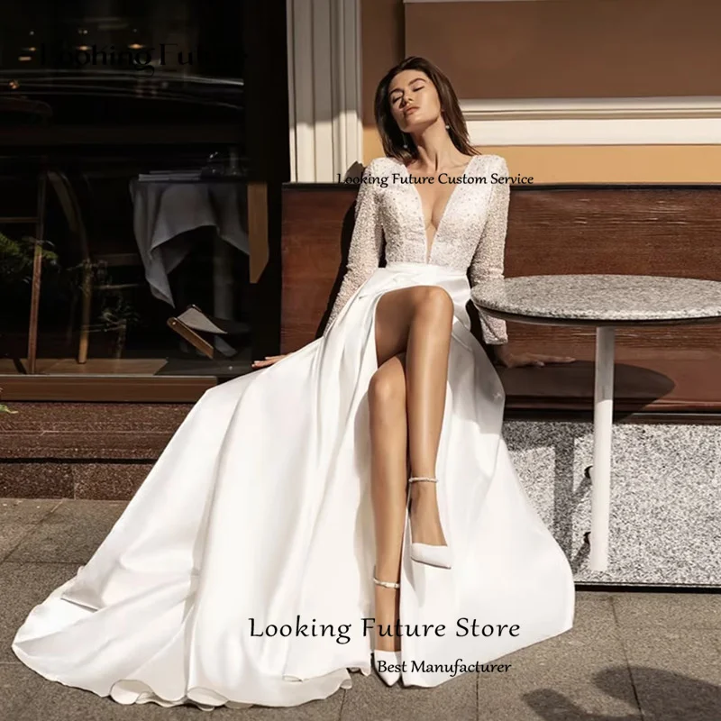 Luxyry A-Line Abito da sposa Lucido con perline Paillettes Piega Maniche lunghe Sexy Profondo scollo a V Backless Abiti con spacco laterale alto Personalizzato