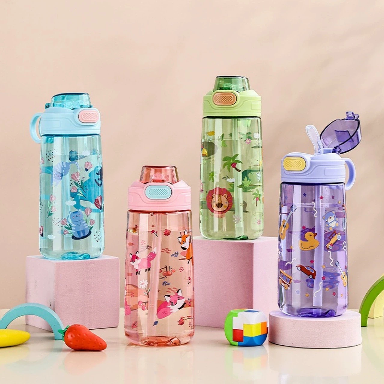 

Cute Cartoon Children's Plastic Straw Cup Portable Outdoor Sports Water Bottle for School Girls Anti-drop Drinking Cup Kettle