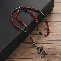 8mm Red Stone Beaded Necklace with Cross Pendant for Men and Women