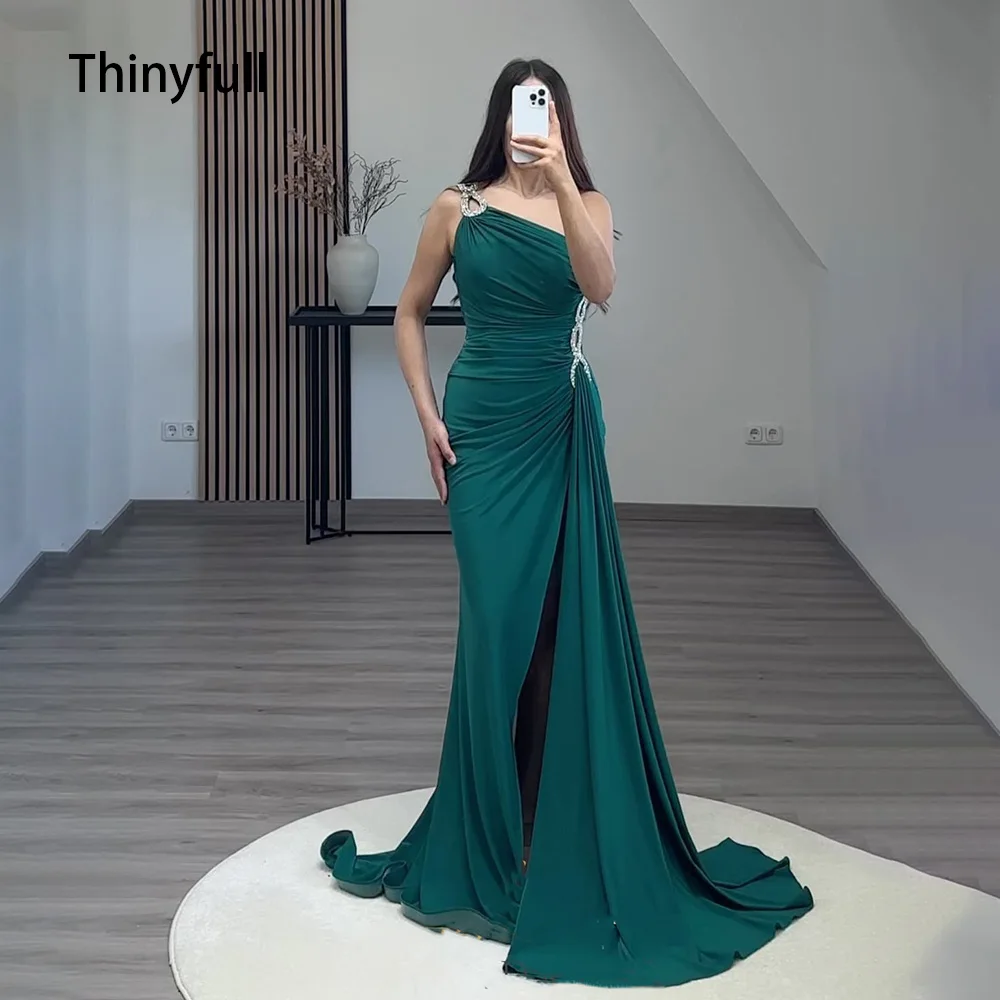 

Thinyfull Saudi Arabia Mermaid Evening Dresses One Shoulder Beading Stain Prom Gowns Leg Slit Dubai Formal Occasion Dresses