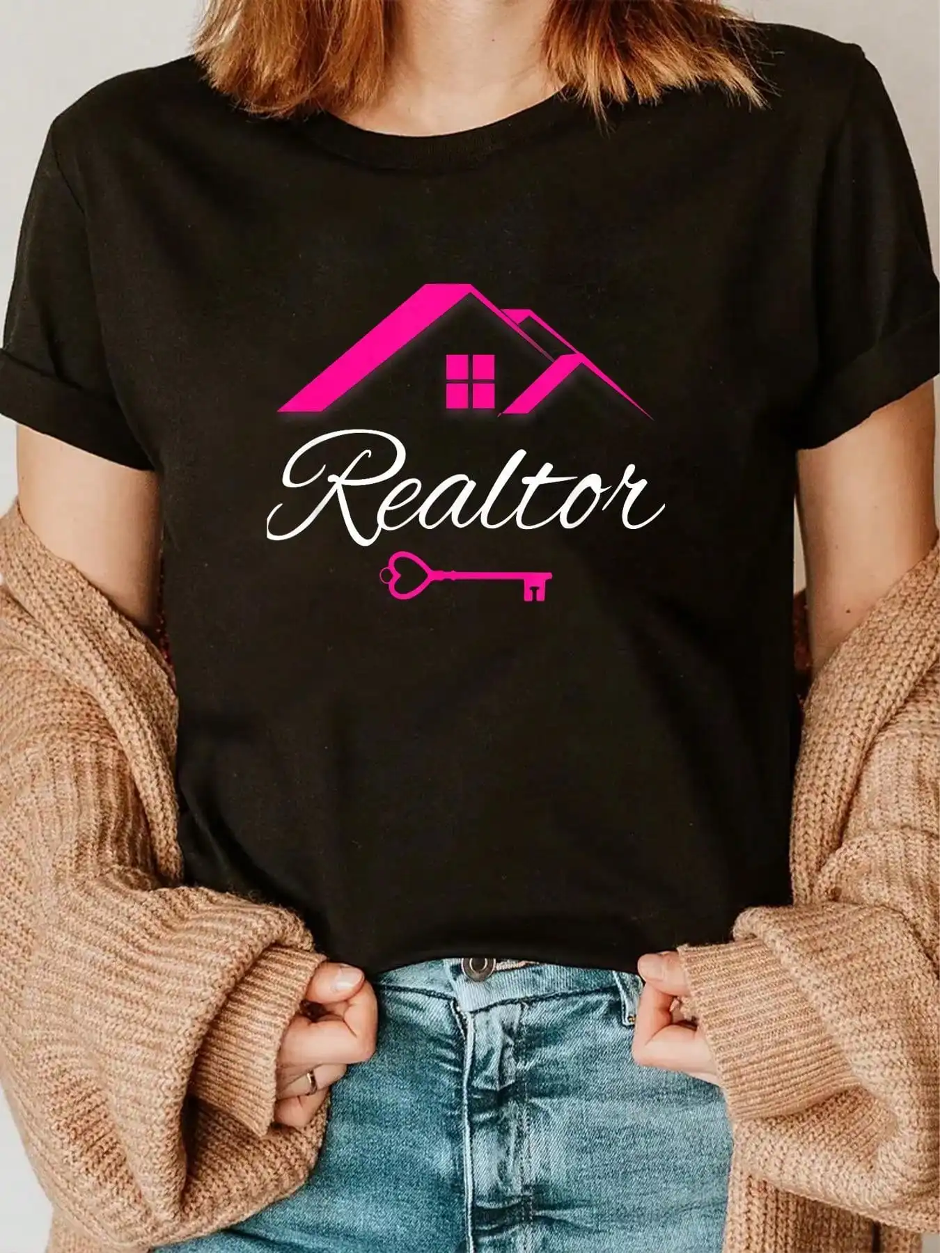 Women's Casual Realtor T-Shirt - Short Sleeve Black With Pink "REALTOR" Lettering & House Graphic Perfect For Real Estate Agents