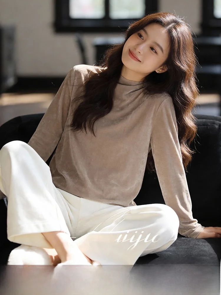 

plus Size High Collar Long Sve Base irt Casual Sle Slim Fit Inner Wear Top for Women Winter Season Nylon Polyester Blend