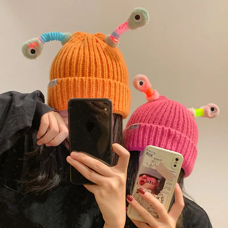 

Luminous LED Light Cute Little Monster Eyes Beanie Fashion Winter Wool Hip-hop Y2k Warm Funny Knitted Woolen Hat Ear Protection