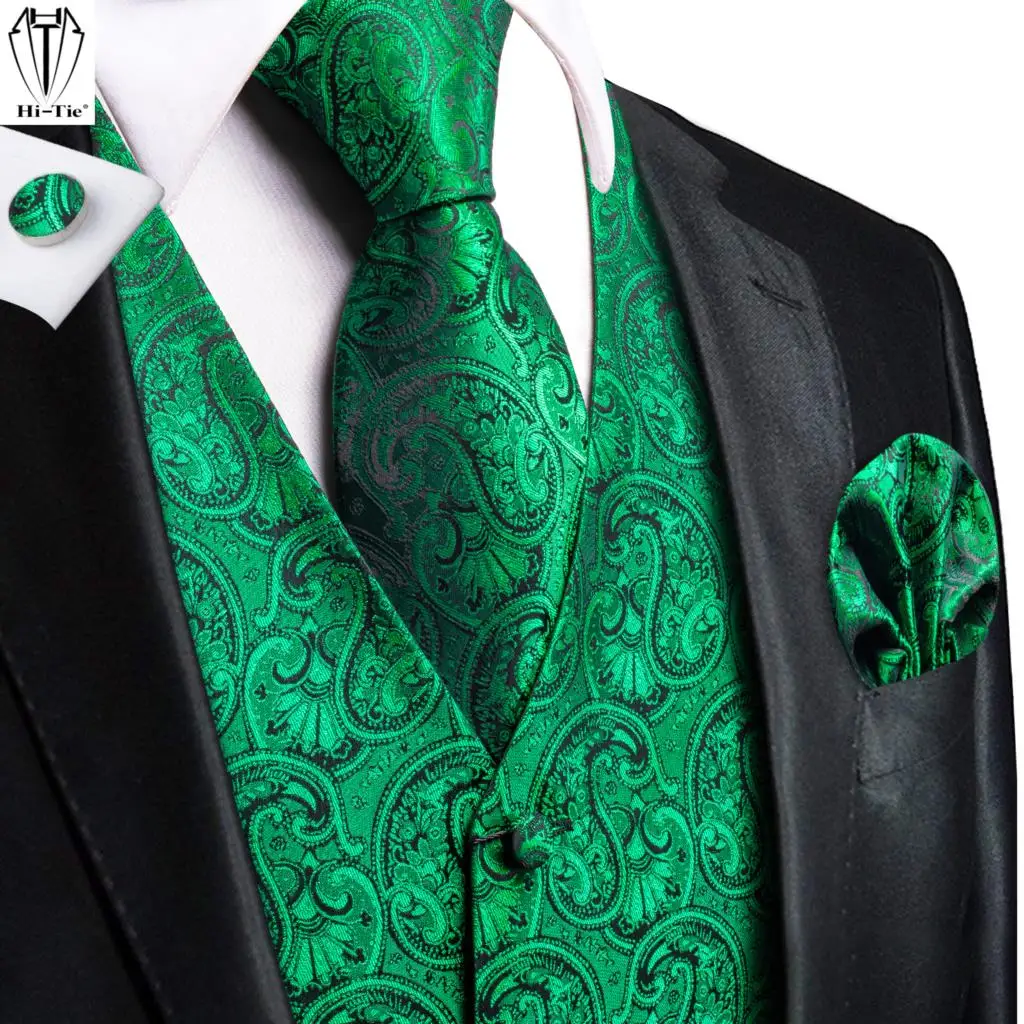 

Hi-Tie Green Paisley Silk Mens Vest Tie Set Jacquard Waistcoat Sleeveless Jacket Necktie Hanky Cufflinks Wedding Business Gift