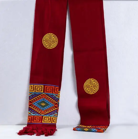 Chinese Tibetan Style Embroidered Pattern Cotton Linen Tassel Belt