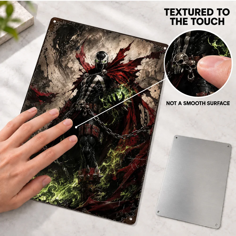 Spawn With Torn Crimson Cape Printed Poster Personalized Aluminum Metal Sign Detailed Illustration Wall Art For Comic Book Shop