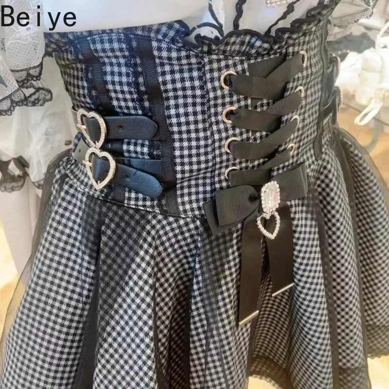 Women Gothic Lolita High Waist Skirt Lace‑Up Bow Rhinestone Mesh Ruffle Short Skirt Female Kawaii Japanese Sweet Punk Skirts