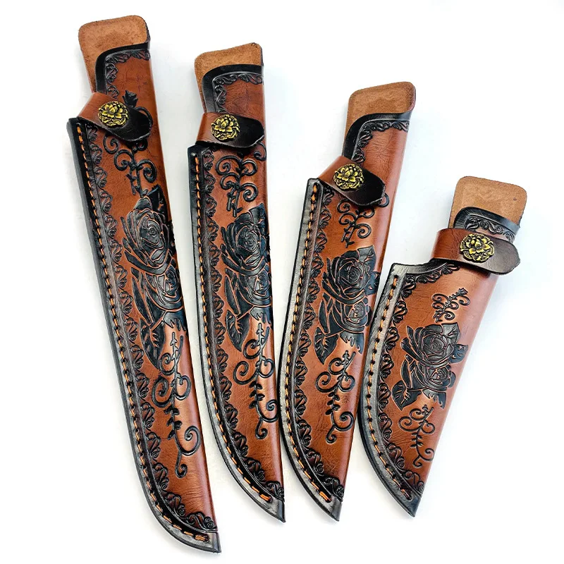 First Layer Cowhide Scabbard Vintage Embossed Leather Knife Cover Outdoor Small Straight Knife Cover Blade Protector Case