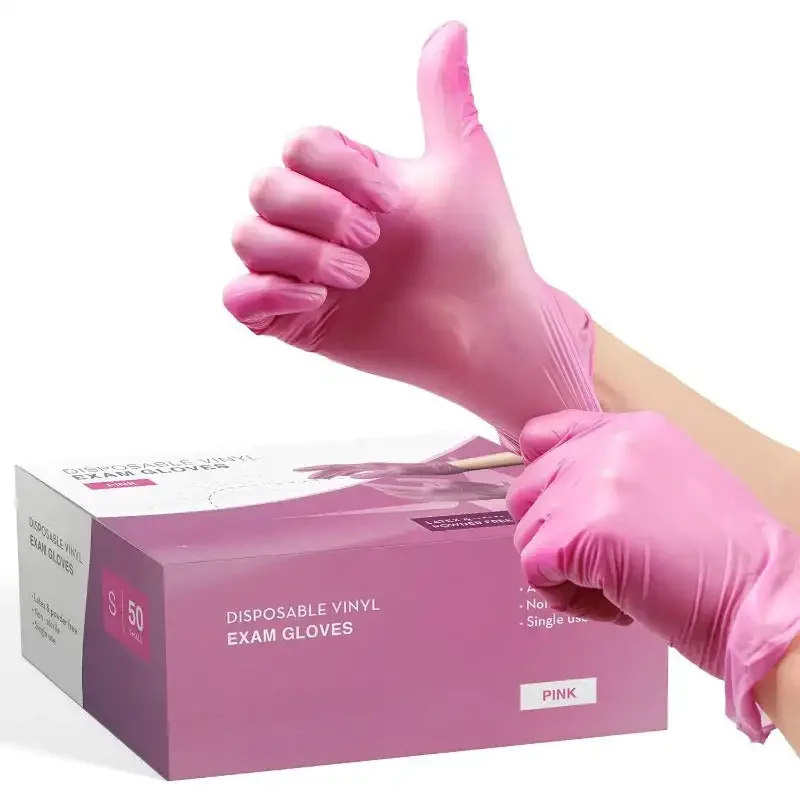 White and Pink Vinyl Disposable Gloves 50 Pack - Powder and Latex Free Gloves