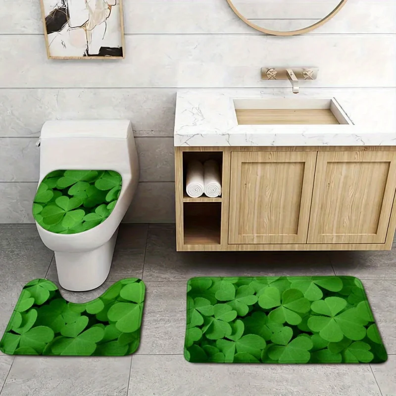 3-Piece Clover Pattern Bathroom Rug Set - Non-Slip, Water Absorbent, Knit Fabric Toilet Lid & Tank Covers with Polyester Bath Ma