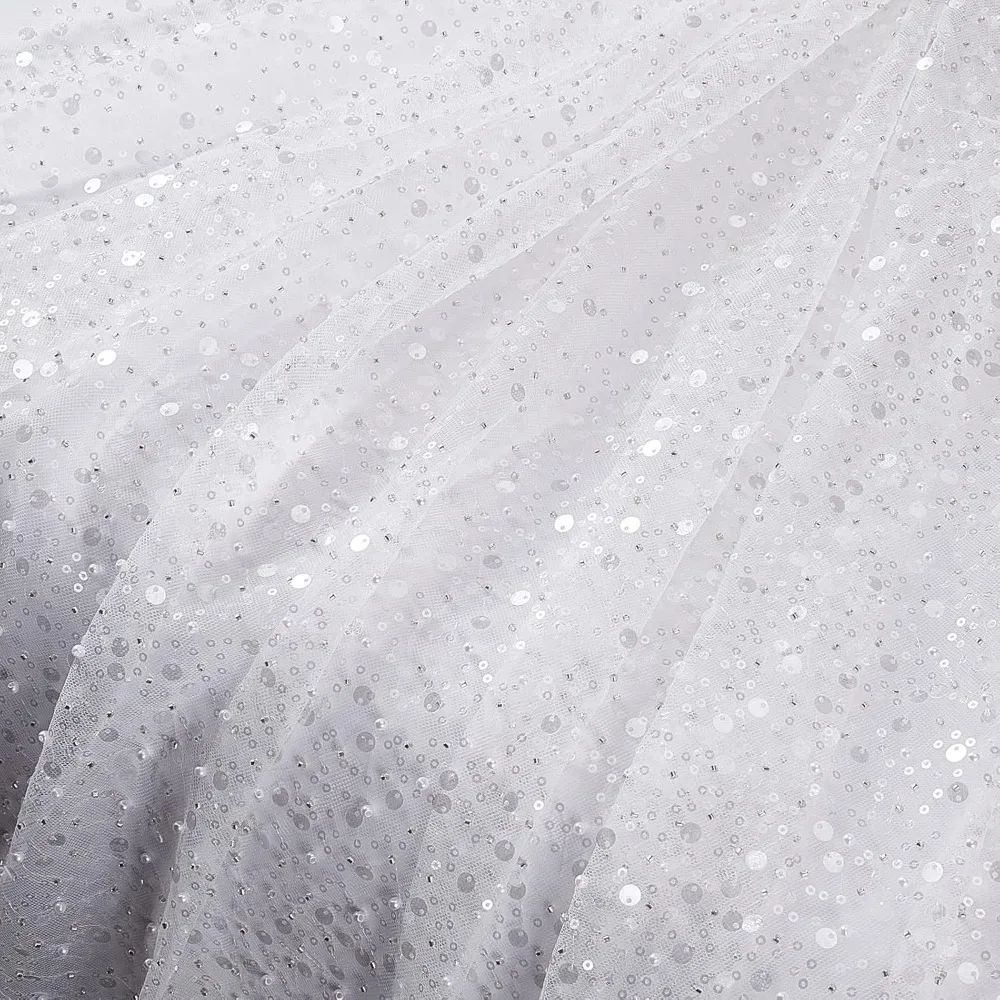 63x39inch Glitter Tulle Fabric with Sequin and Beads, White Ribbon Netting Fabric for Clothing Accessories Sewing Quilting