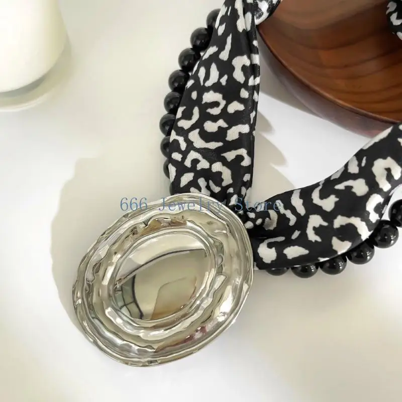 F2TD Fashion Leopard Print Scarf Necklace Featuring Fabric Stainless Steel Chain