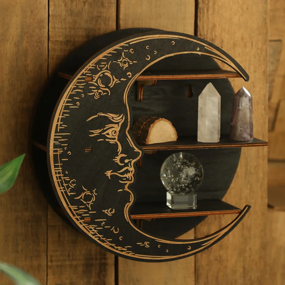 Crystal Display Wooden Shelf Moon Face Hanging Wall Jewelry Holder Bohemian Home Decor Floating Stand Shelves Room Decoration